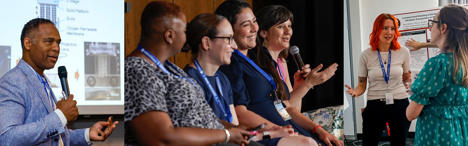 3 different photos from the 2024 Rising BME Scholars program showing speakers, a speaker panel and the poster session.